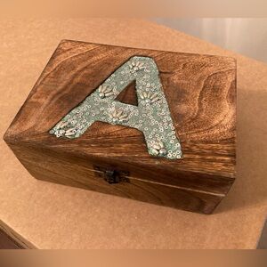 Wooden Keepsake Box with Aqua Blue Green Sequin Letter A